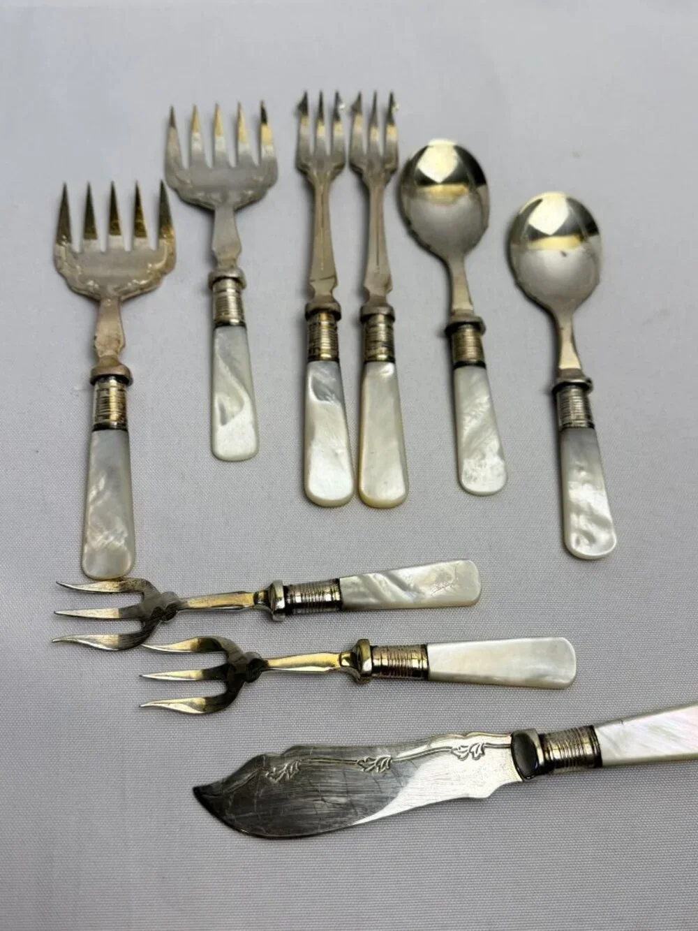 Antique JBS EPNS Mother of Pearl Flatware Sheffield England Silverplate 9 pcs.